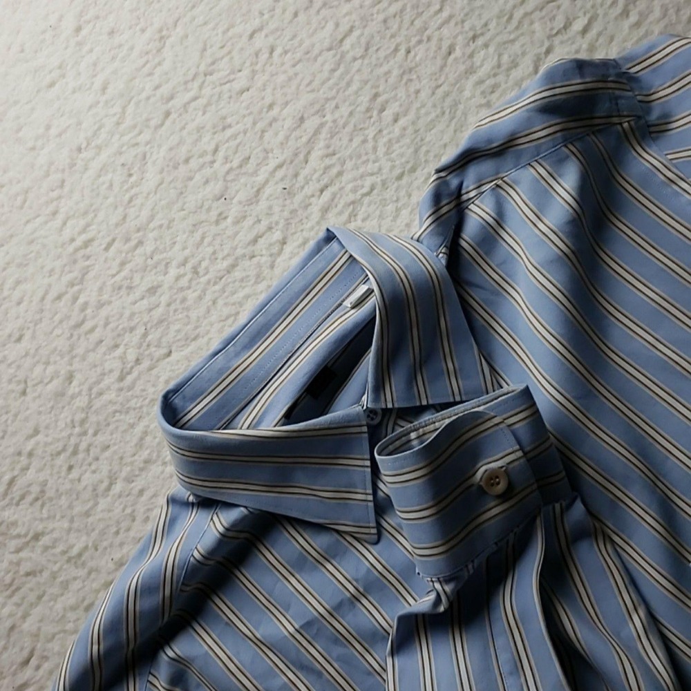 Ermenegildo Zegna Dress Shirt Mens L Blue Stripe Regular Fit Long‎ Sleeve Woven